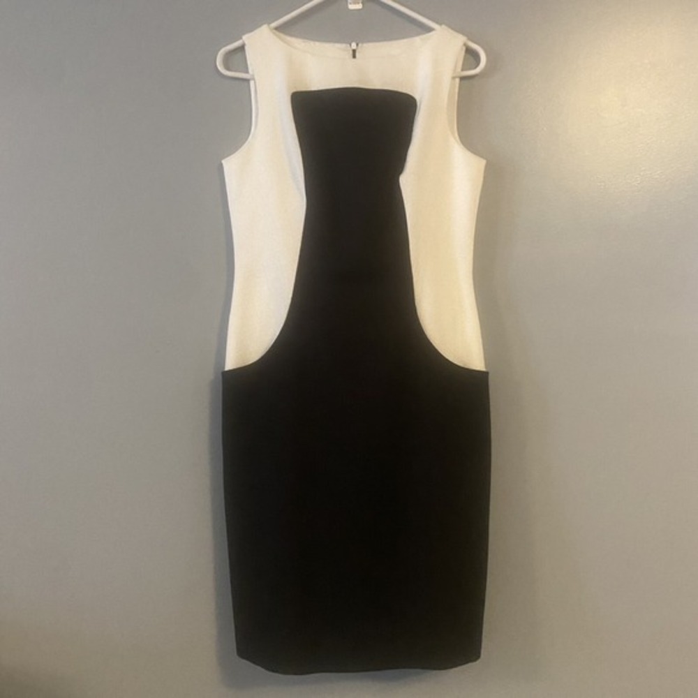 David Meister Shift Dress Black White Knee Length Sleeveless Career Pockets Sz 6 - Picture 3 of 7